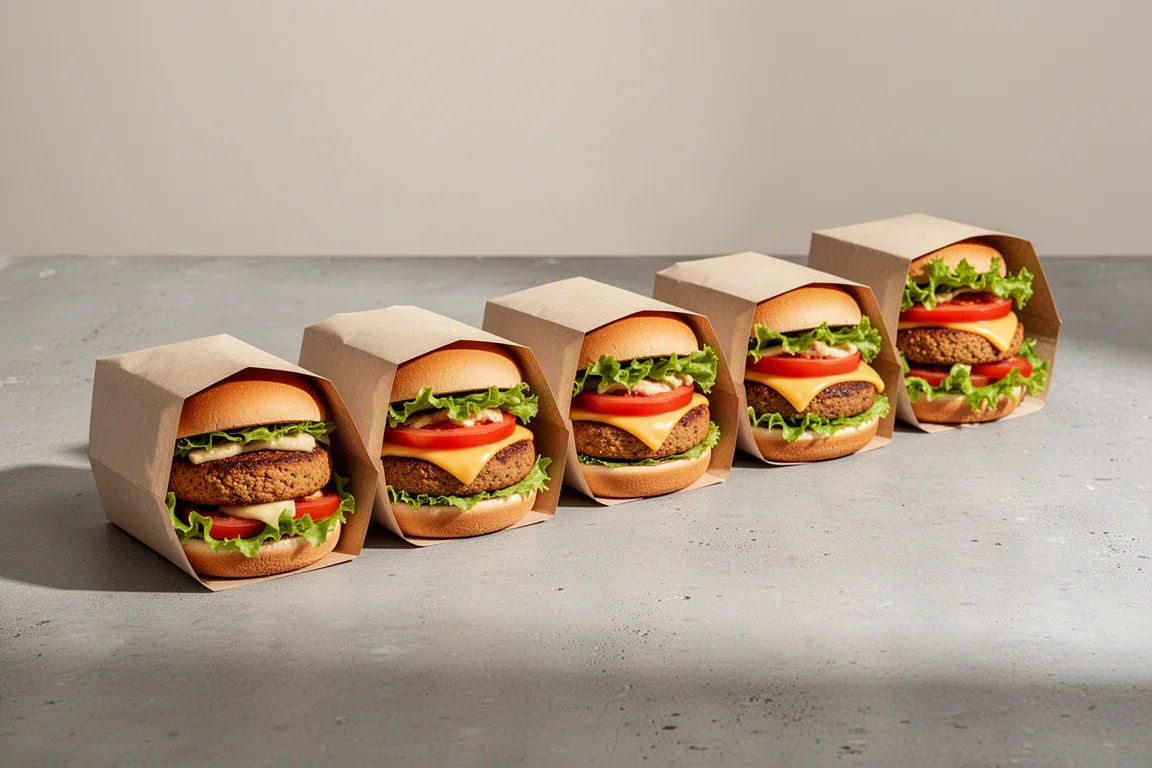 Sechs pflanzliche Fast-Food-Burger in einer Reihe auf einer Betonfläche