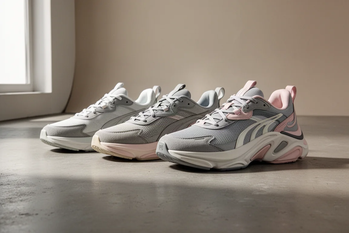 Five cushioned plated running shoes arranged in a row on concrete
