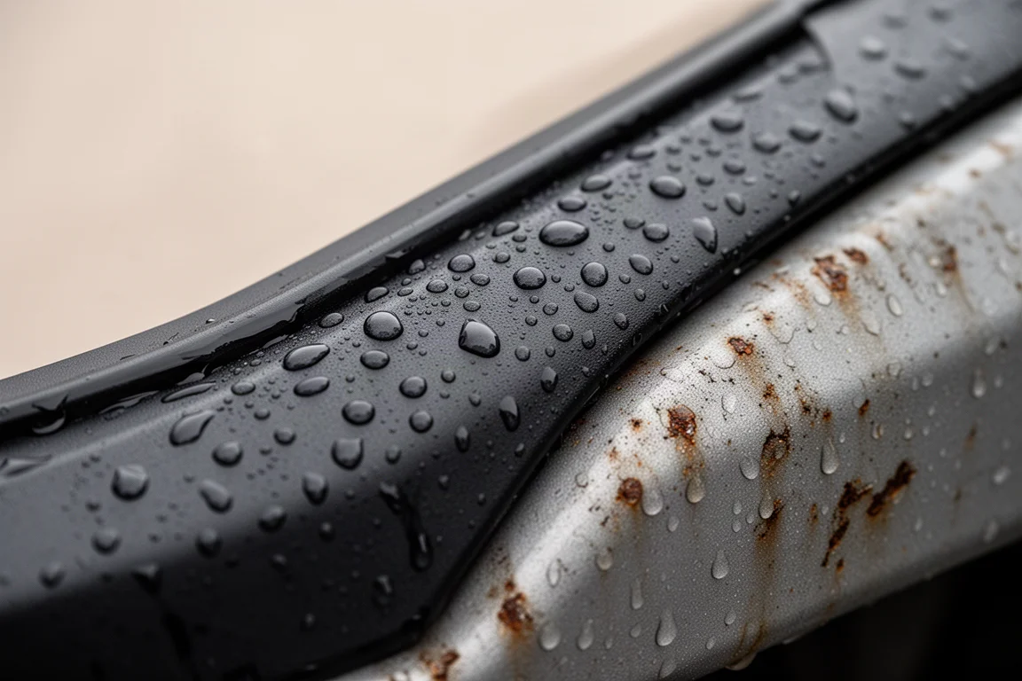 Kropelki wody na świeżo zabezpieczonej plastikowej listwie
