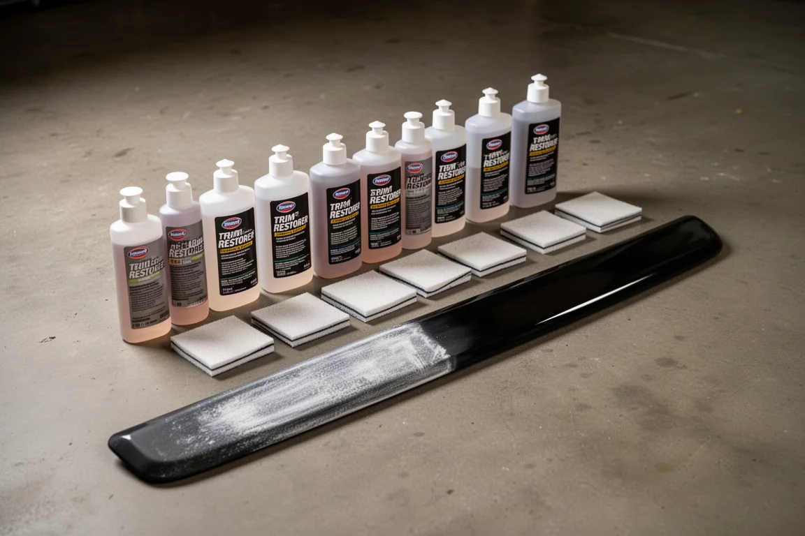 Row of trim restorer bottles beside a faded and restored plastic trim strip on concrete
