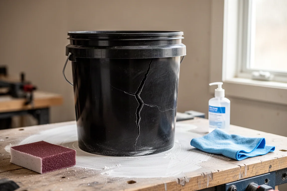 Gebarsten HDPE-emmer klaargemaakt voor reparatie met geschuurde en gereinigde ondergrond