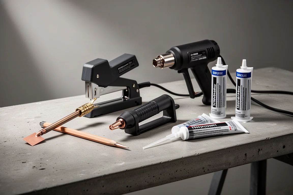 Assortiment van kunststof lasapparaten, nietmachine, heteluchtblazer en epoxytubes op een werkbank