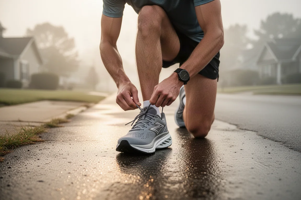 Hardloper die met hoge stapel trainschoenen de veters strikt voor een vroege ochtendloop