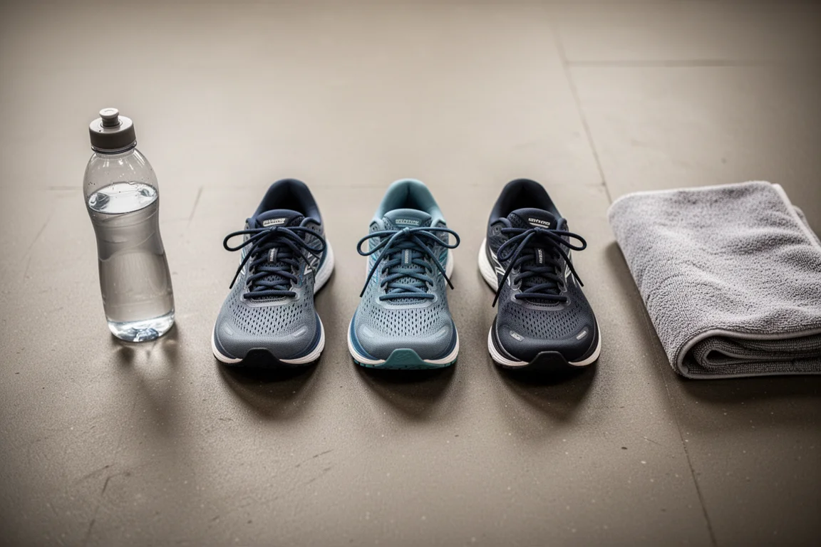 Drie hardloopschoenen naast elkaar op de vloer van de sportschool na een lange duurloop