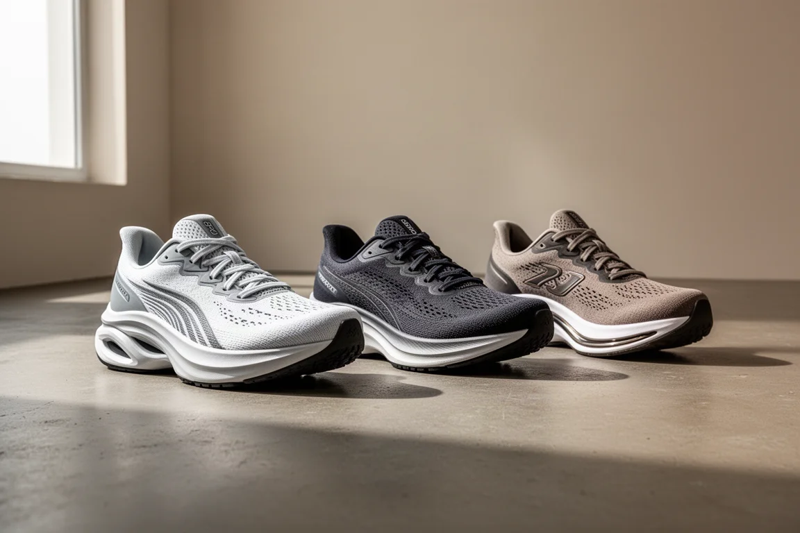 Three plated running shoes lined up on a matte concrete studio floor