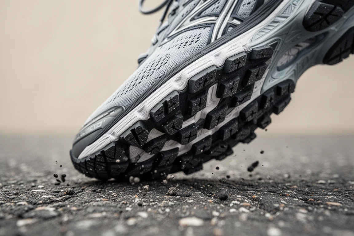 Close-up van de buitenzool van een hardloopschoen met profiel en gripstructuur