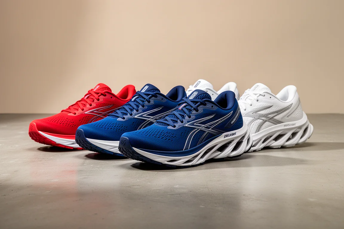 Five plated running shoes arranged in a row on a concrete studio surface