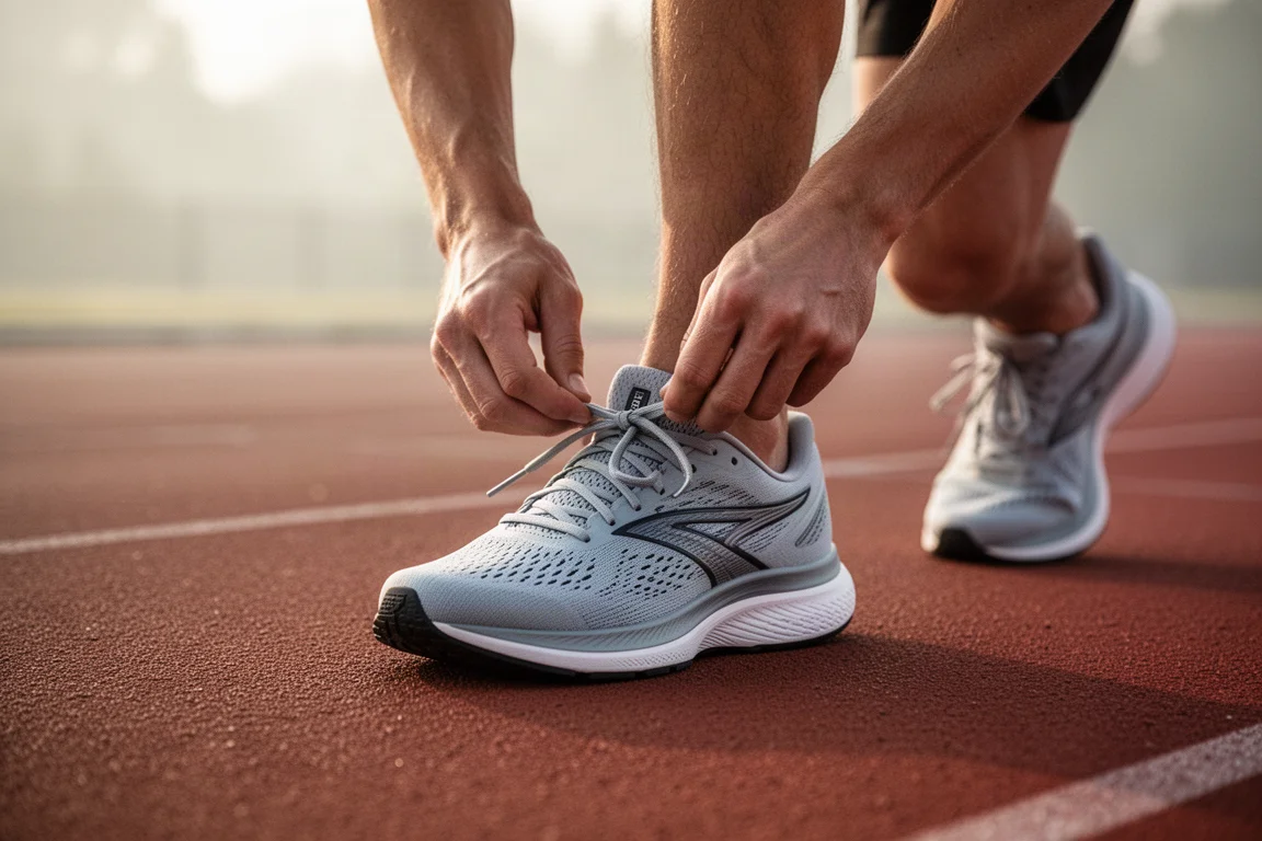 Nahaufnahme eines Läufers, der einen leichten Laufschuh auf einer Laufbahn schnürt