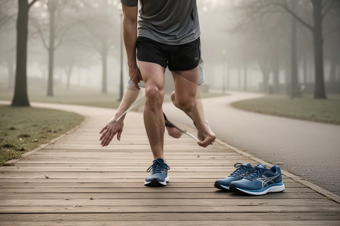 Läufer dehnt sich nach einem lockeren Lauf neben einem ruhigen Parkweg