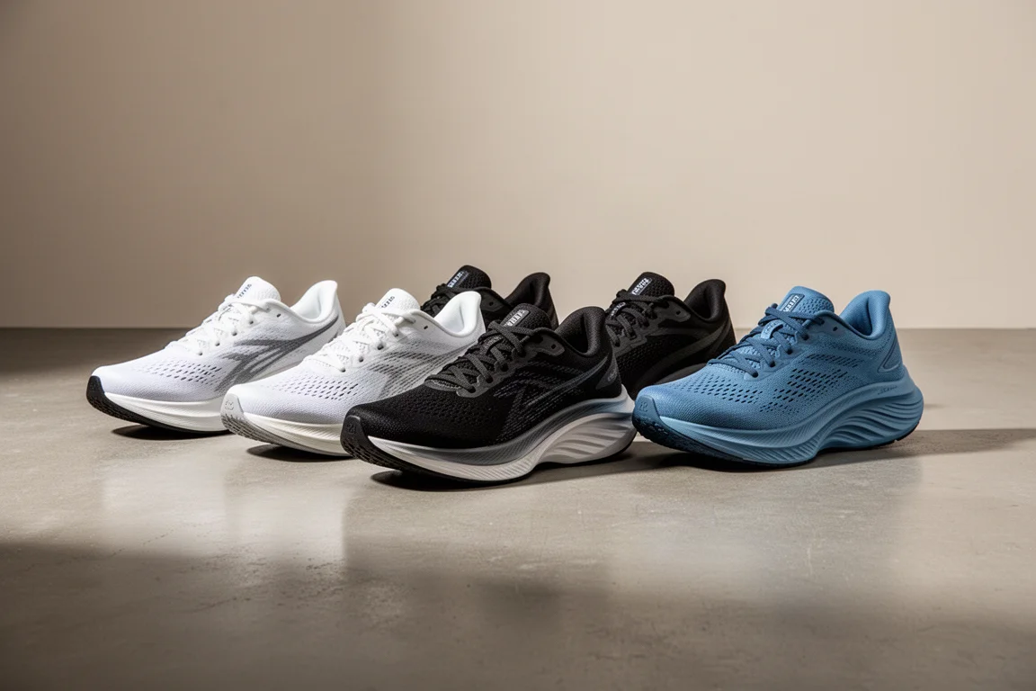 Six modern running shoes arranged in a row on a concrete studio floor