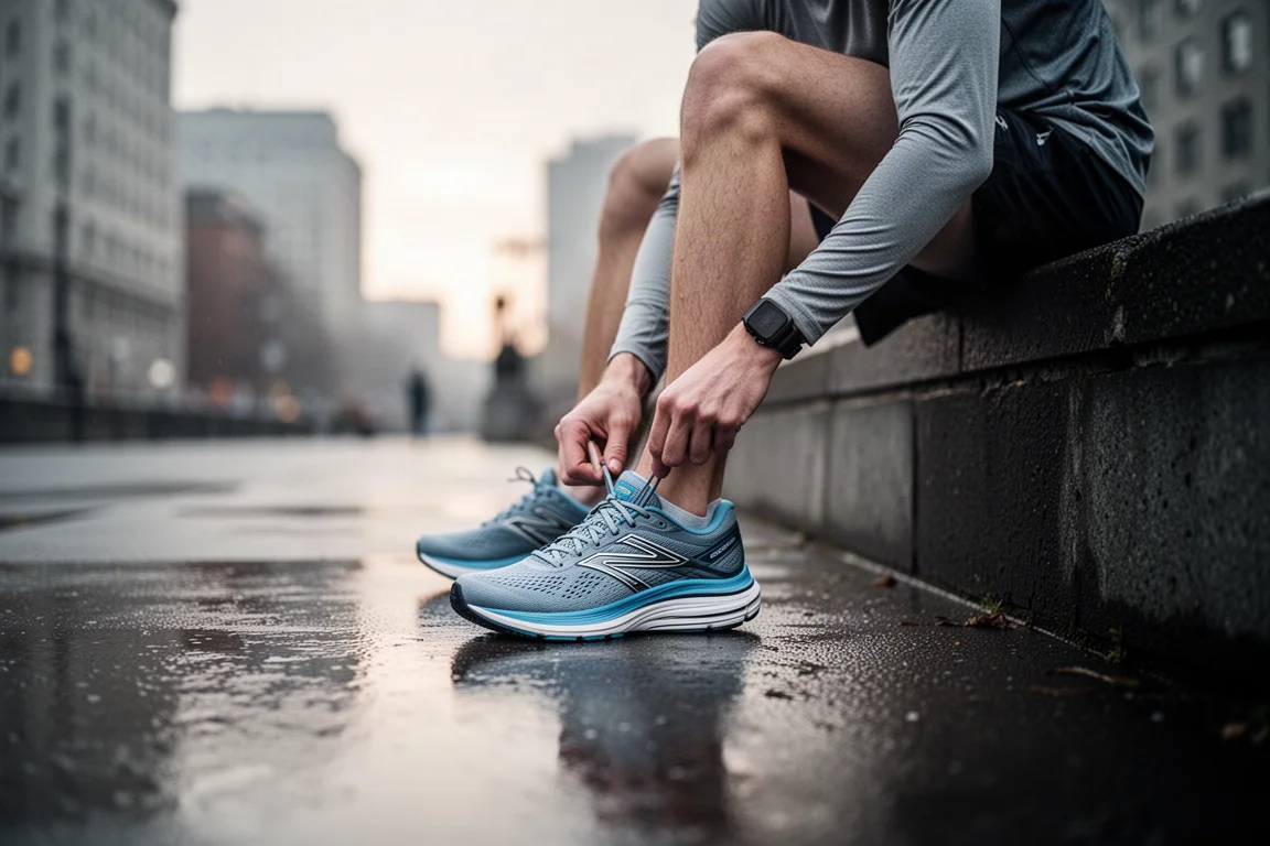 Runner lacing up a plated training shoe on city pavement at dawn