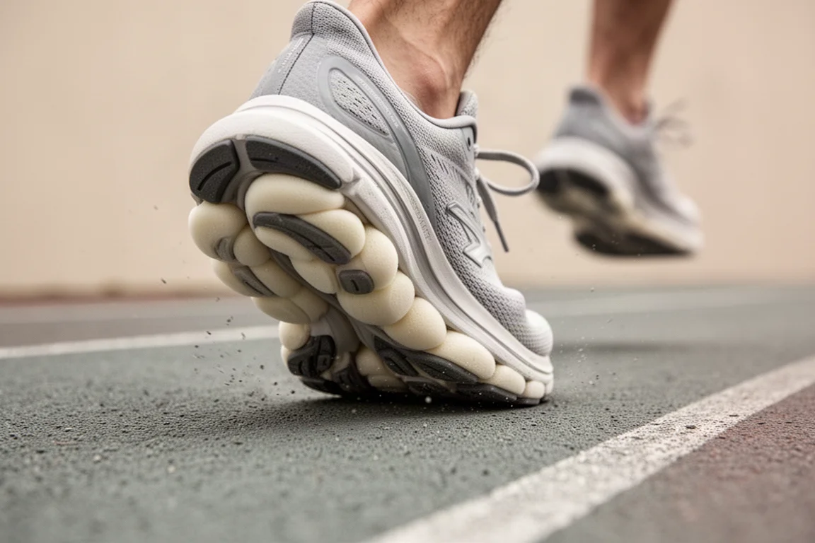 Close-up of a thick cushioned midsole compressing underfoot on a running track