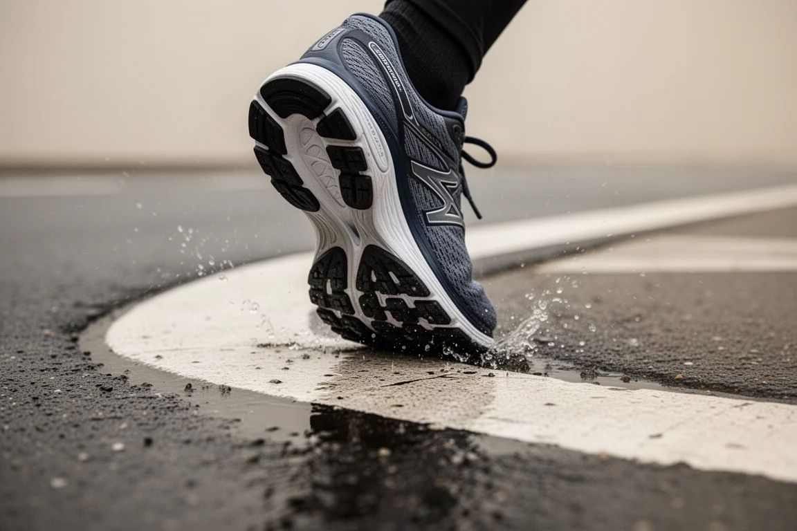 Running shoe outsole gripping wet tarmac around a street corner