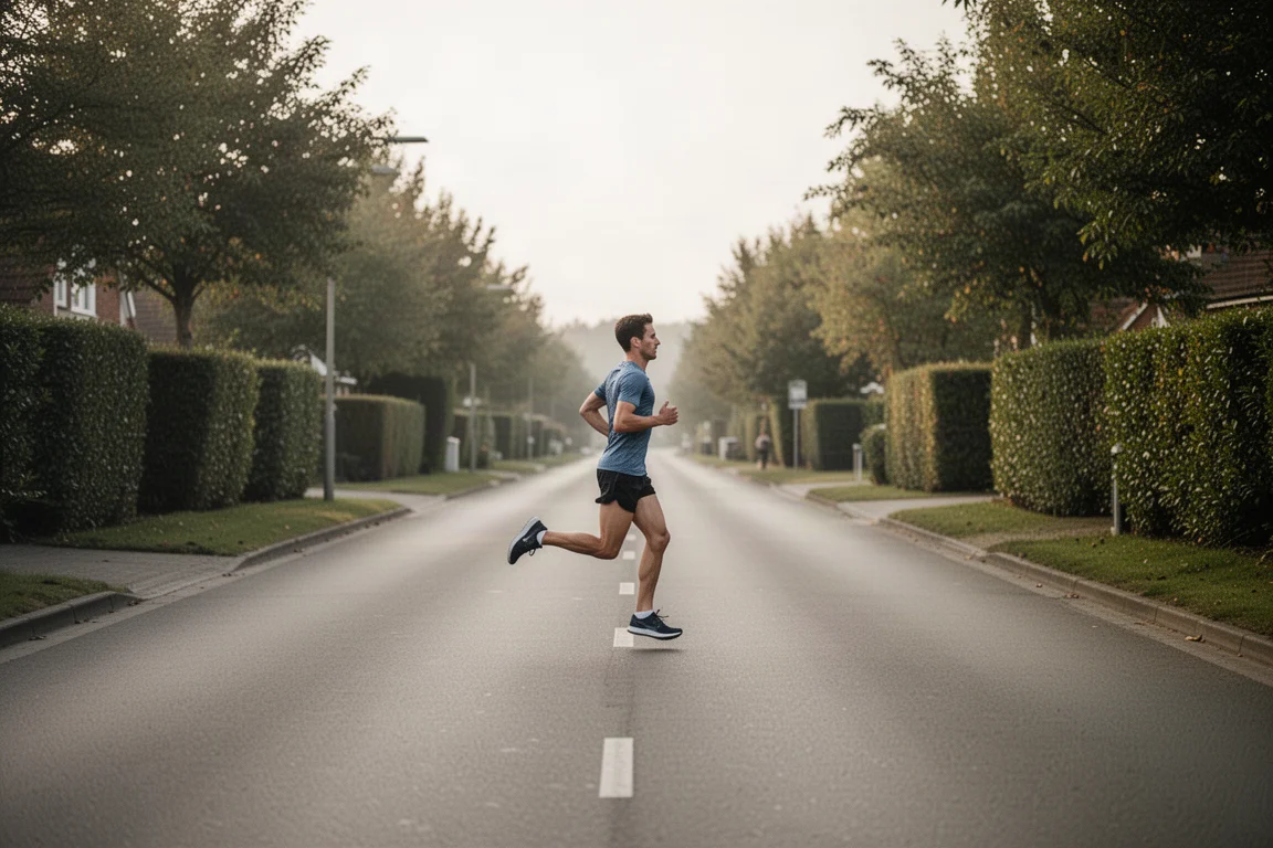 Runner cruising a long steady road run on an open suburban road