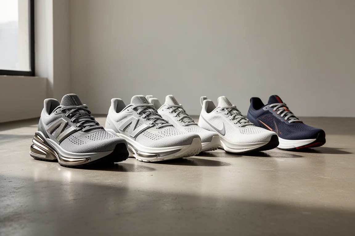 Five plated running shoes lined up on a concrete studio floor