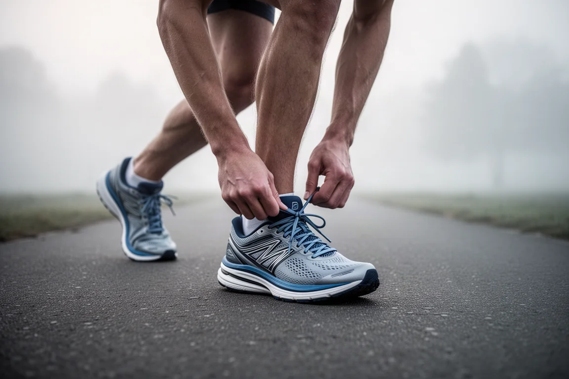 Läufer schnürt vor dem Training einen Tempotrainer mit Platte auf einer gepflasterten Straße