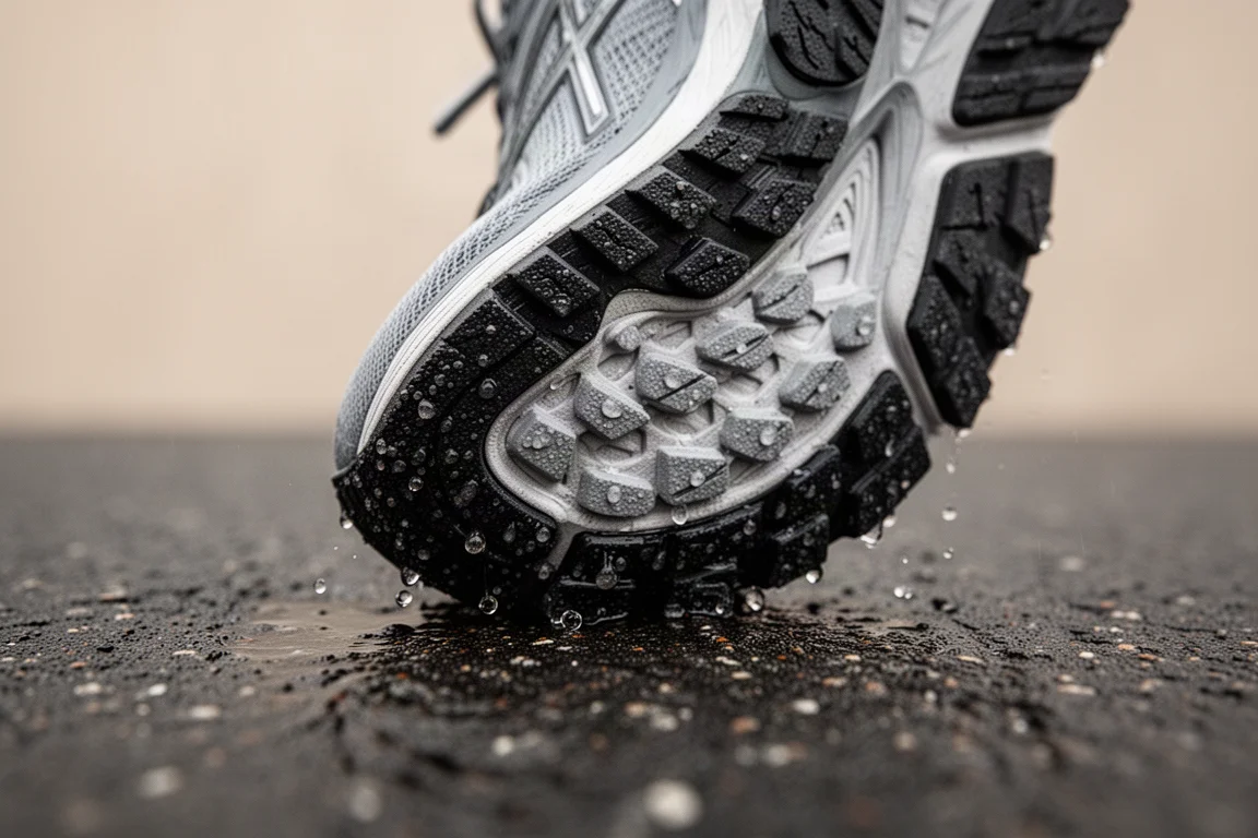 Nahaufnahme der Laufsohle eines Laufschuhs mit griffigem Gummi auf nassem Asphalt
