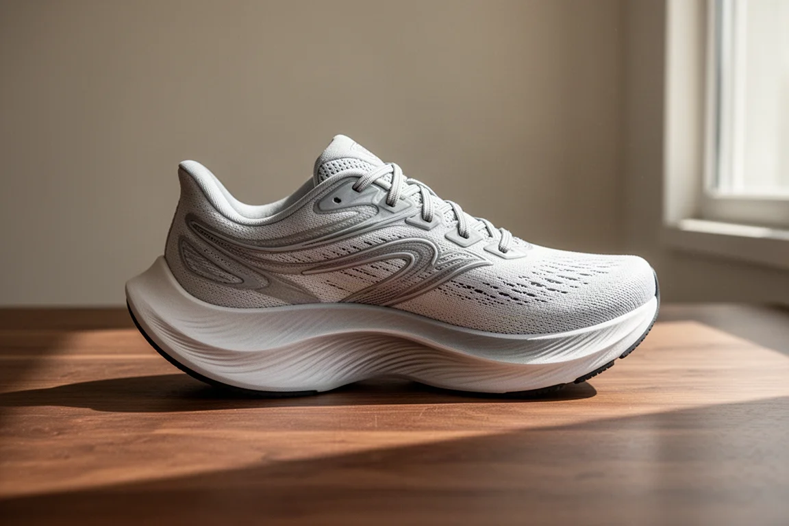 Seitenansicht eines Laufschuhs mit ausgeprägtem Forefoot-Rocker vor Studiohintergrund