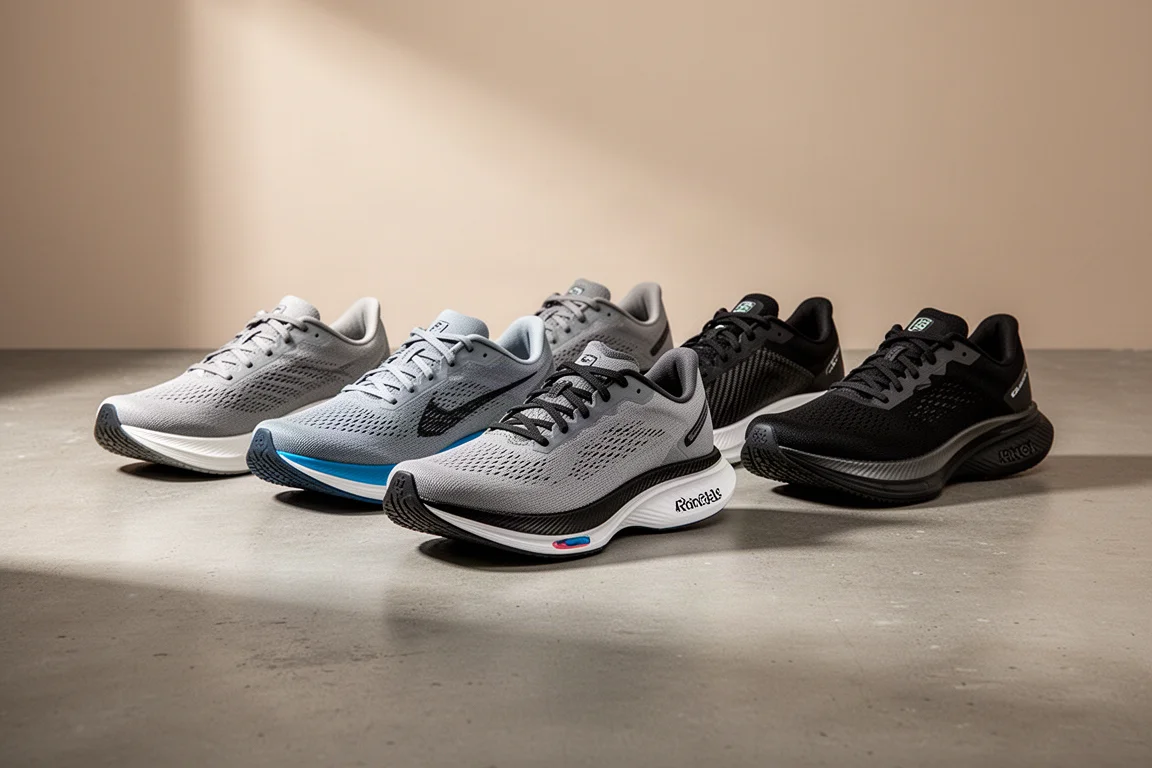 Sei scarpe da running con piastra disposte in fila su una superficie di cemento
