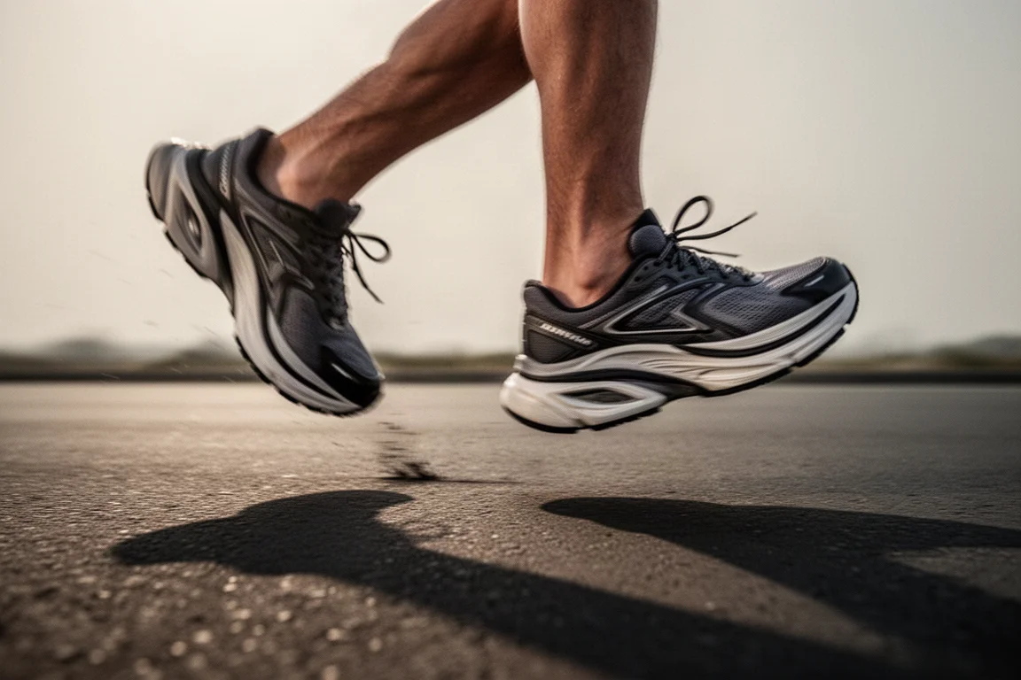 Voeten van een hardloper middenin een pas in dikke plate-trainers op glad asfalt