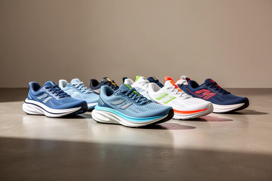 Row of eight modern plated running shoes on a concrete studio floor