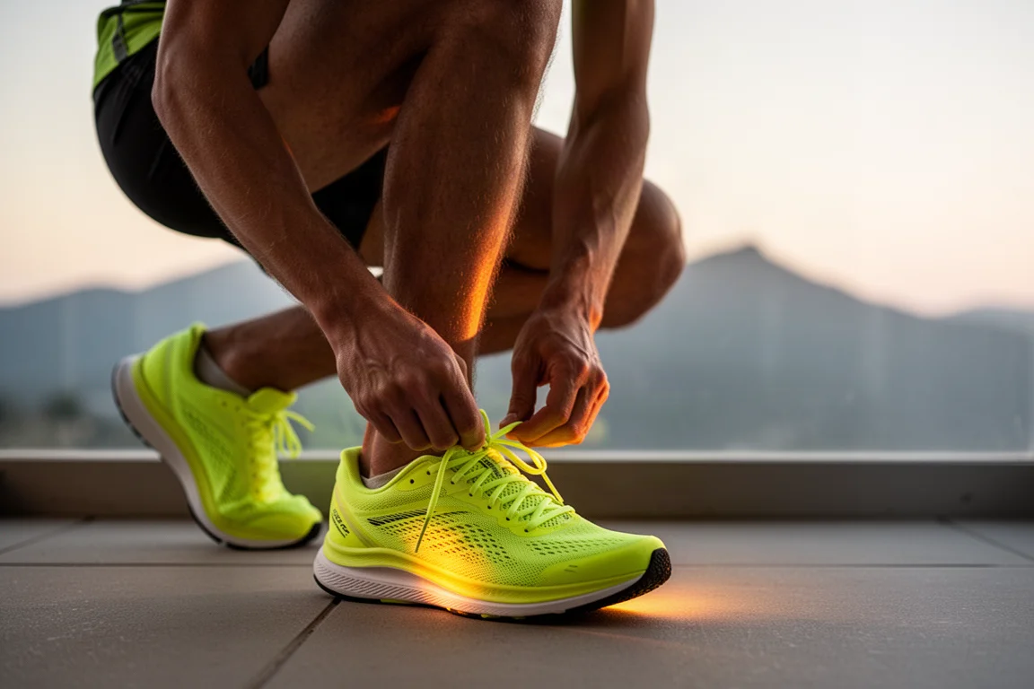 Un coureur lace une chaussure à plaque jaune vif avant une sortie matinale
