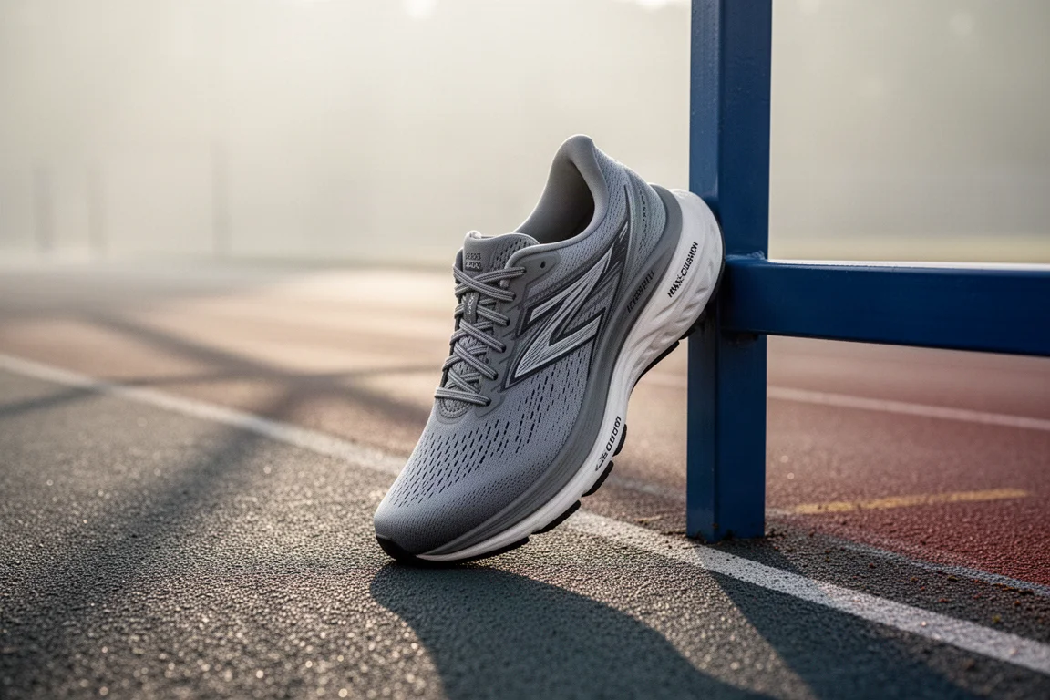 Chaussure ultra-amortie à tige haute posée sur une rampe de piste d'athlétisme