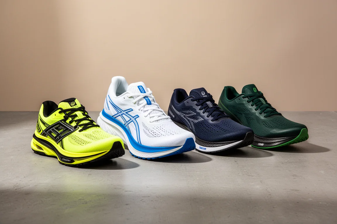 Four plated running trainers arranged in a row on a concrete surface