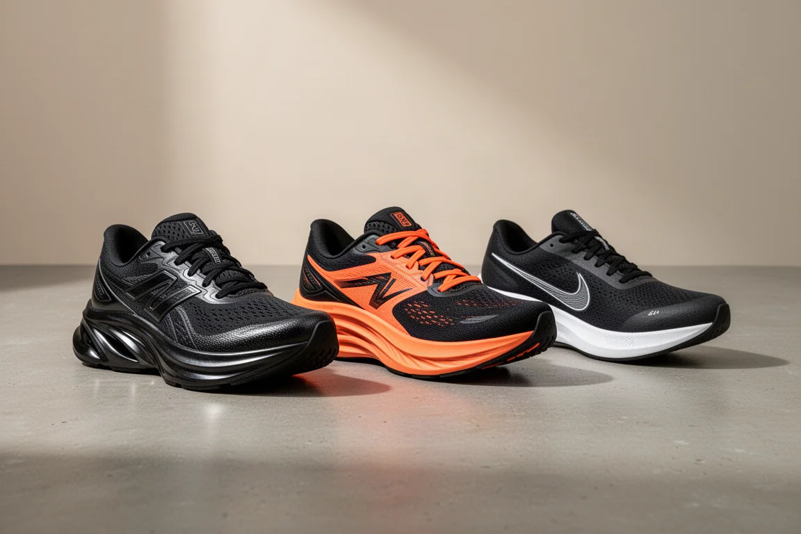 Three plated running shoes side by side on a concrete surface