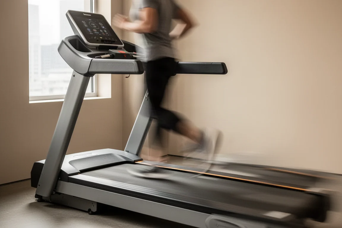 Läufer hält ein gleichmäßiges Tempo auf einem Laufband im Fitnessstudio