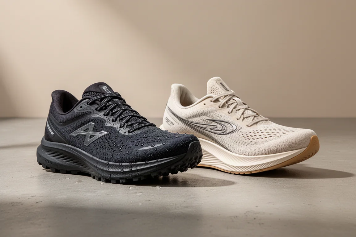 Two plated running shoes side by side on a concrete surface