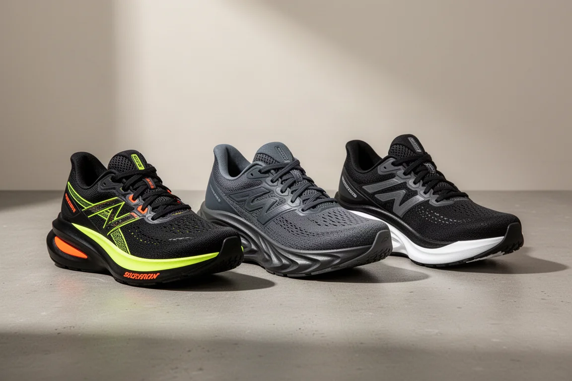 Three plated running shoes with tall foam stacks arranged on concrete