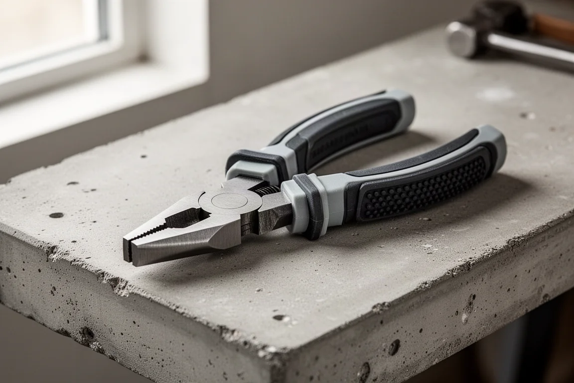 Close-up of thick multicomponent plier handles on a workbench