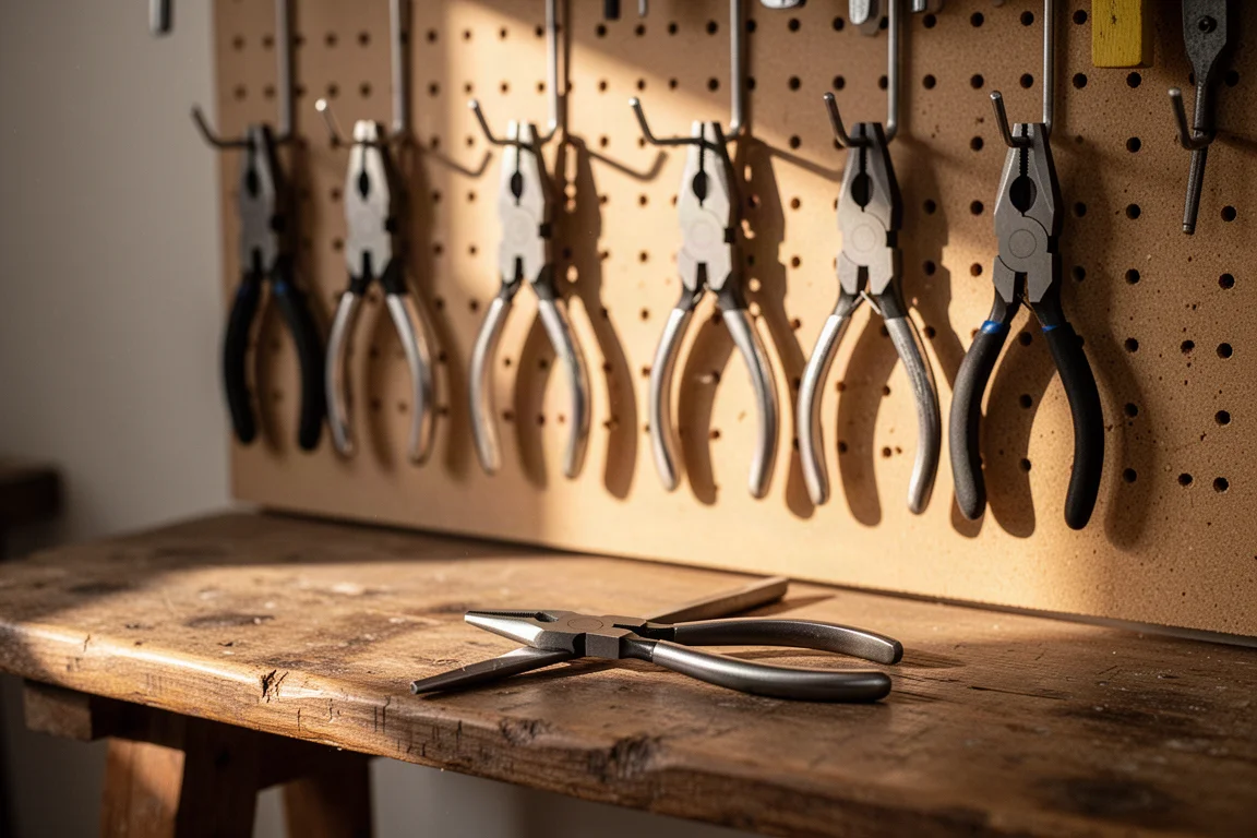 Well-used pliers hanging on a workshop pegboard