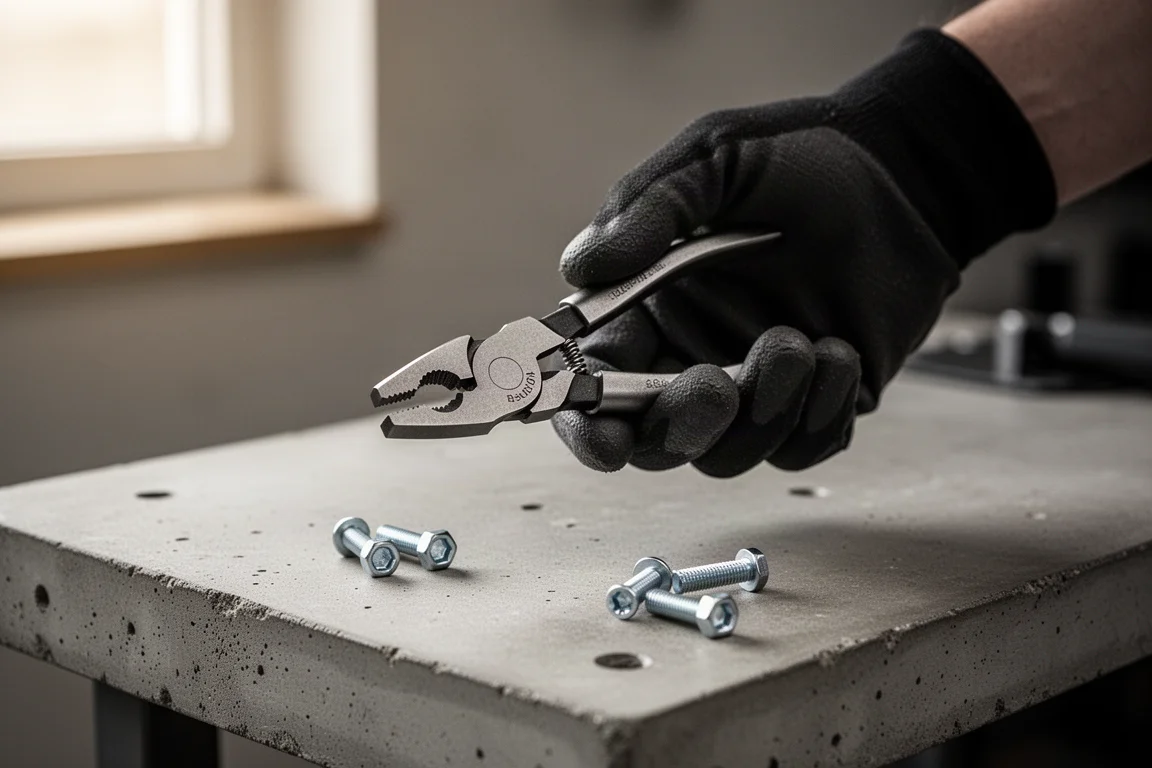 Pince compacte tenue d'une main au-dessus d'un établi d'atelier avec de petites fixations