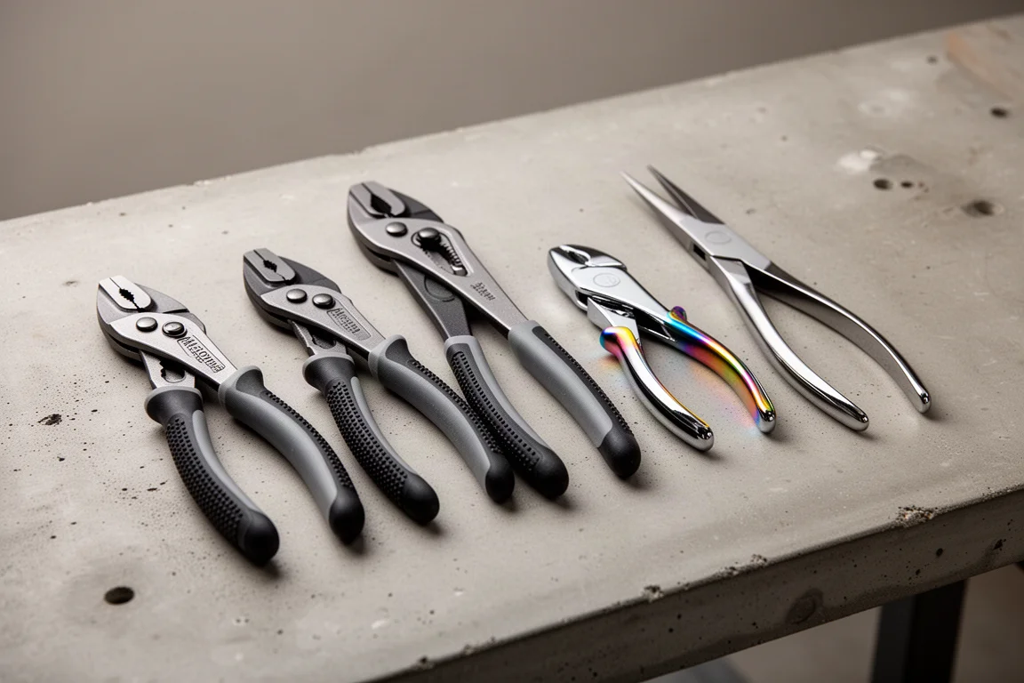 Five pairs of pliers of different sizes arranged on a concrete workbench