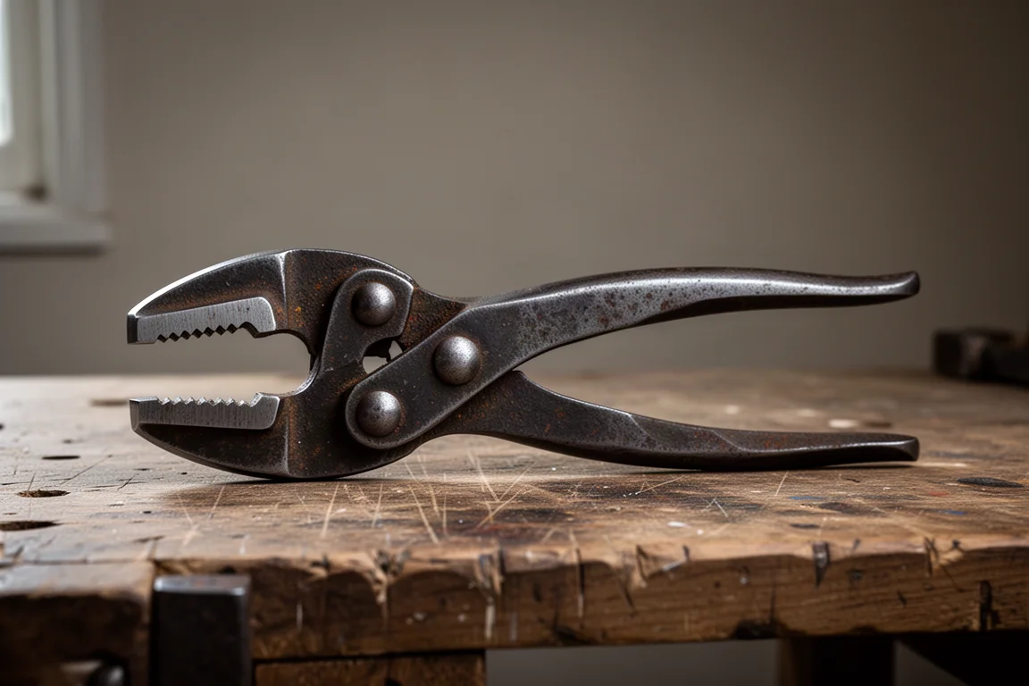 Pince à mâchoires parallèles vintage du début du vingtième siècle sur un établi en bois usé