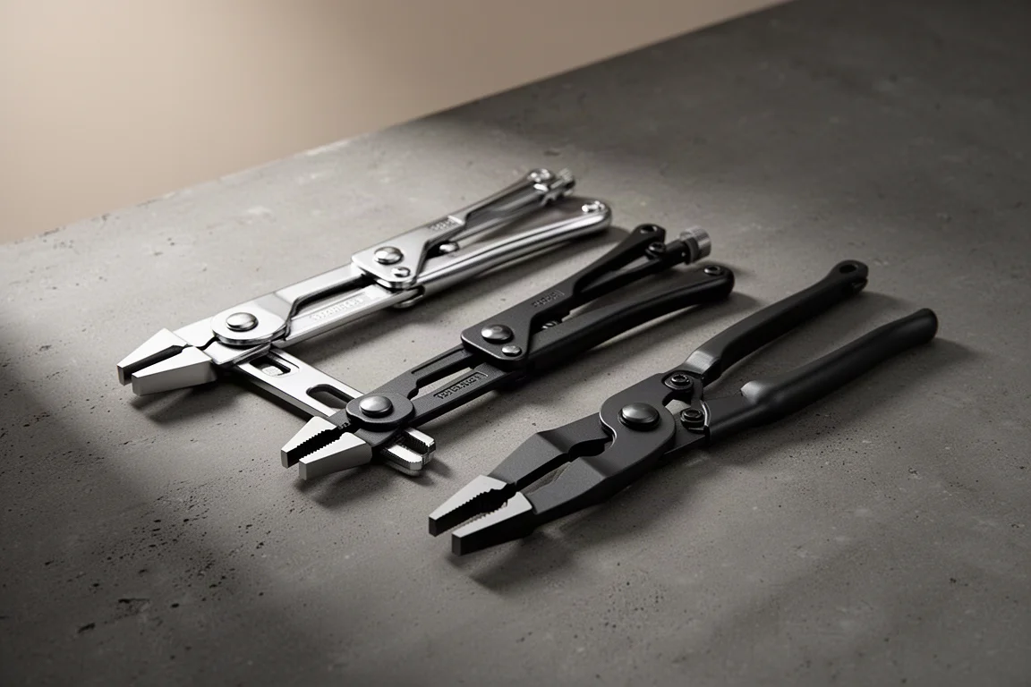 Four pliers wrench hand tools with parallel jaws arranged on a dark concrete surface