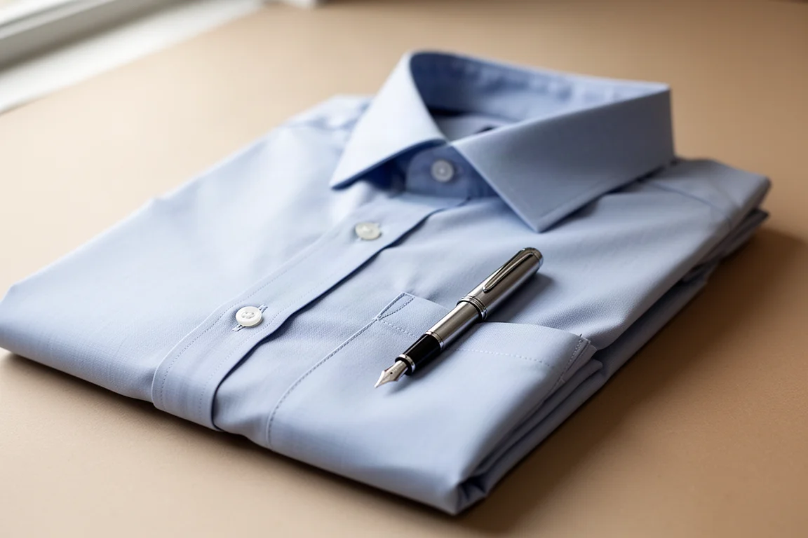 Caneta tinteiro minúscula repousando no bolso do peito de uma camisa social