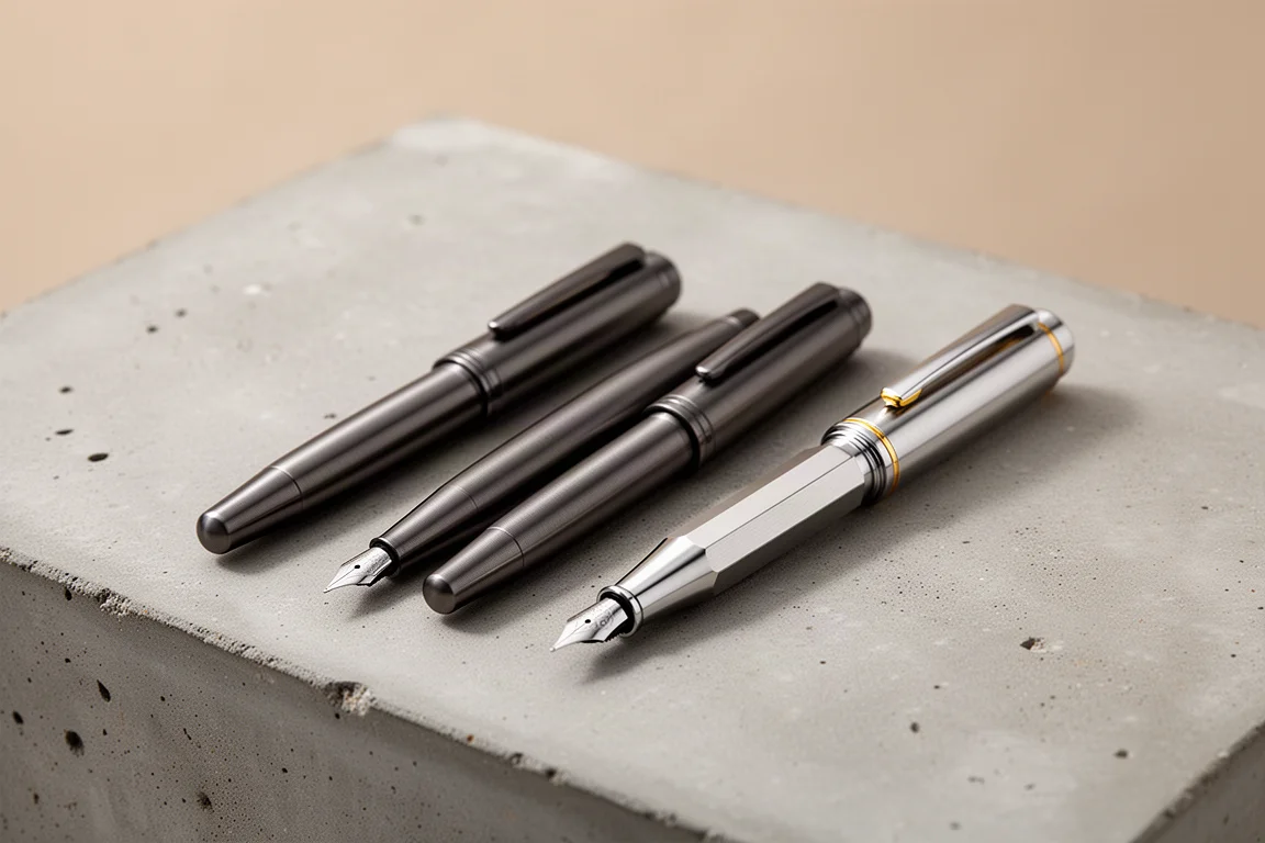 Four compact metal fountain pens lined up on a concrete surface