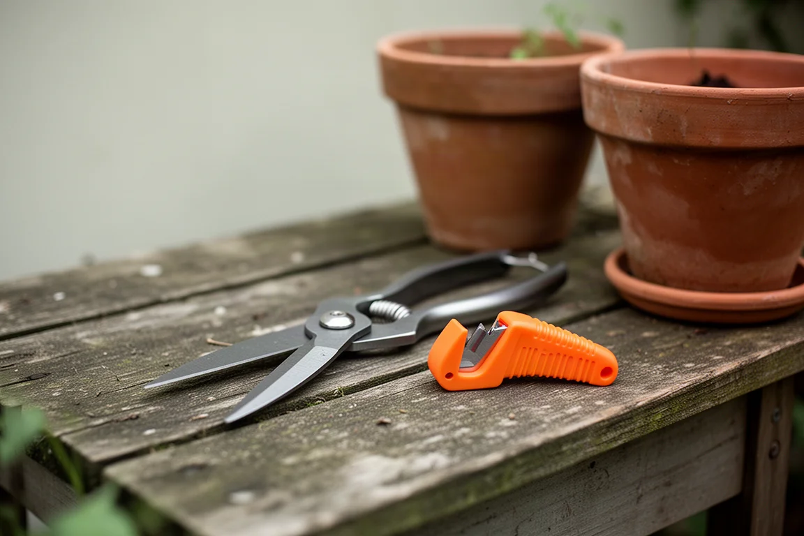 Tesouras de poda e um pequeno afiador de mão sobre um bancão de jardinagem