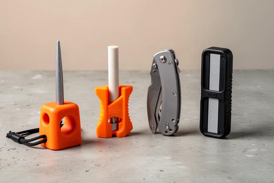 Four compact handheld knife sharpeners arranged in a row on a concrete surface