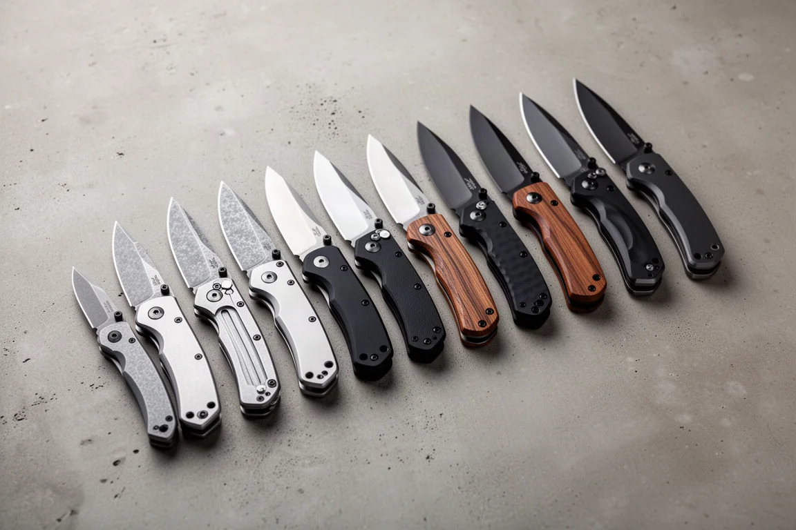 Row of nineteen folding pocket knives of various sizes on a concrete surface