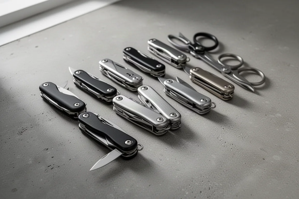 Row of eight compact multi-tools and pocket scissors on a concrete surface