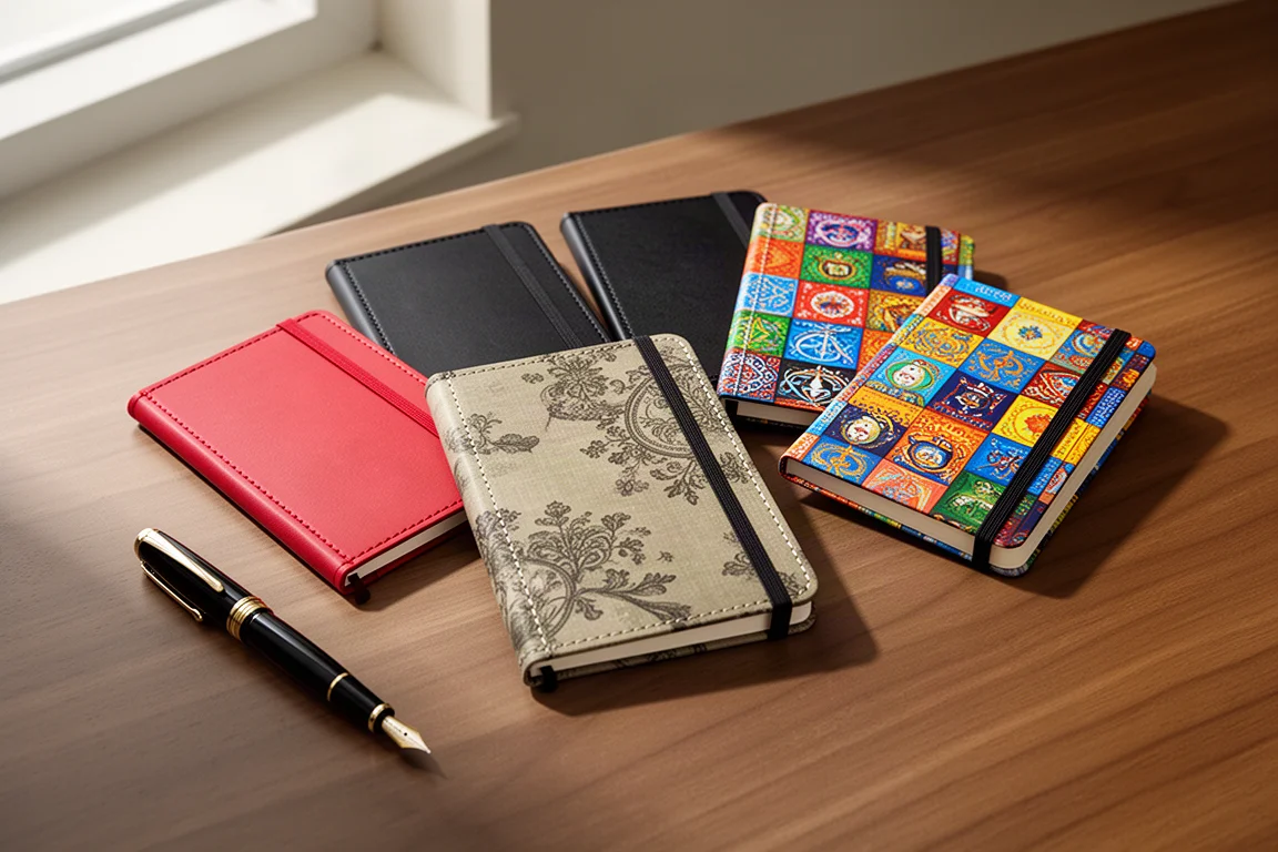 Six pocket notebooks with colorful covers arranged on a wooden desk beside a fountain pen
