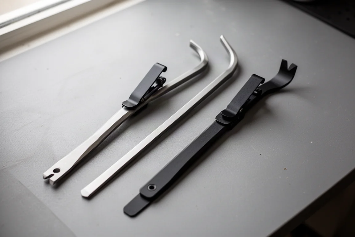 Three slim pocket pry bars with bent tips laid on a workshop bench