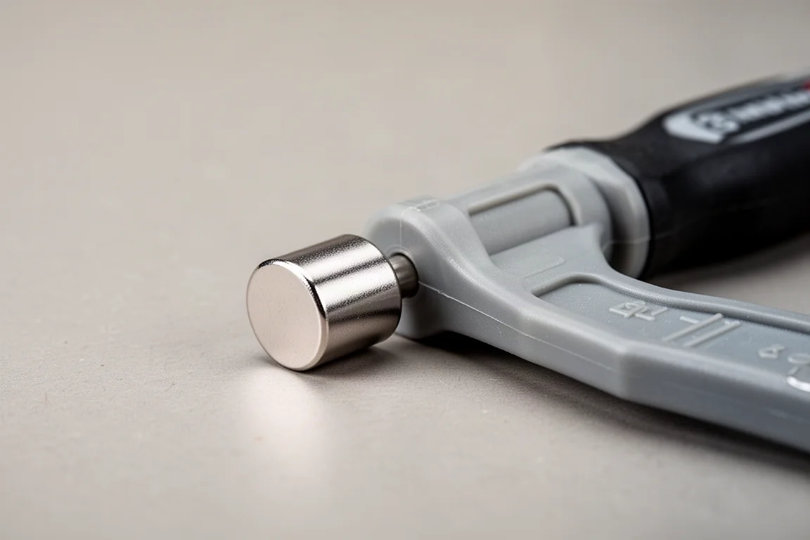 Close-up of a magnet sliding along a pry bar handle to reveal shaft depth
