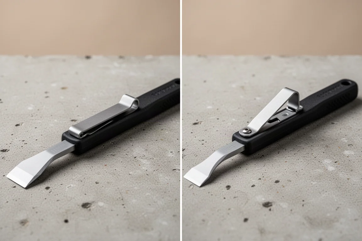 Pocket clip oriented sideways on a slim pry bar handle
