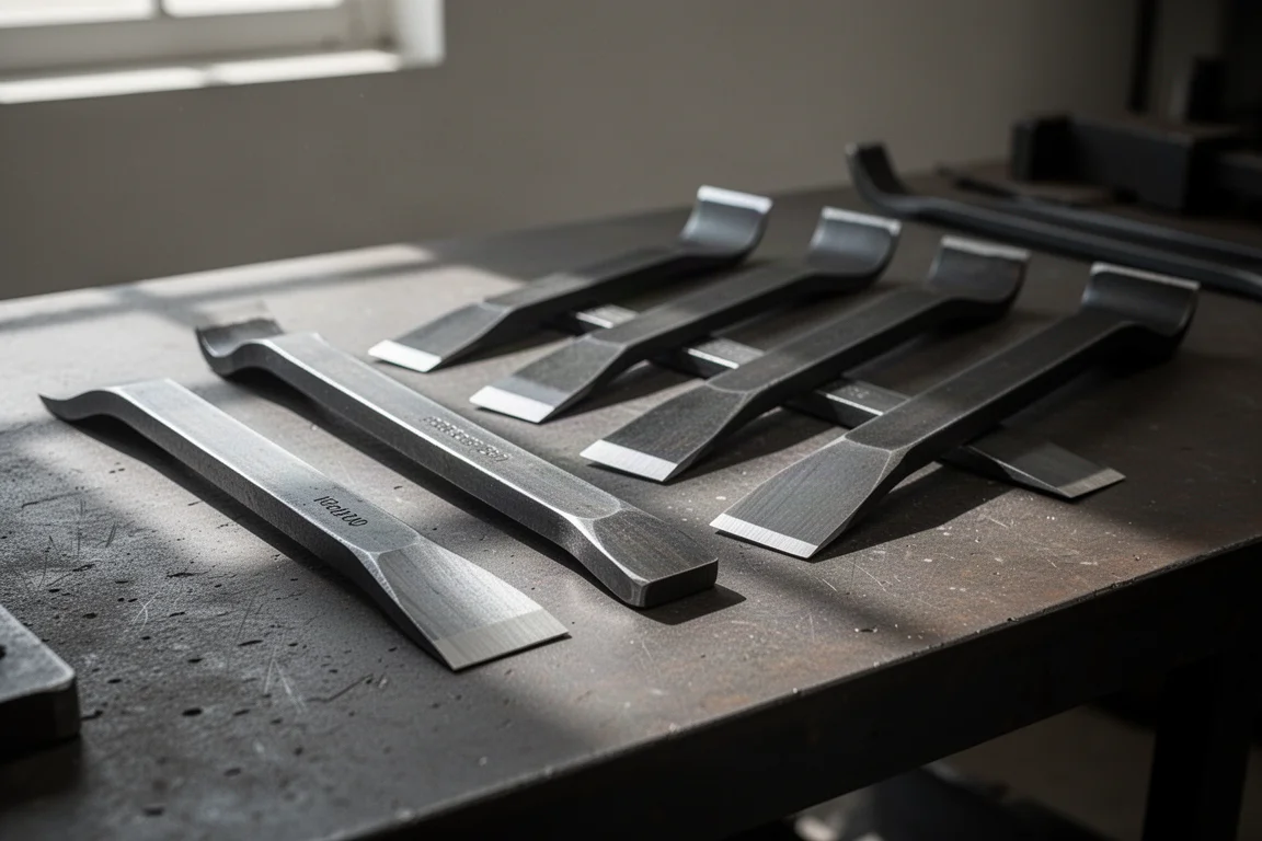 Assorted solid pry bars with varying shaft thicknesses on a bench
