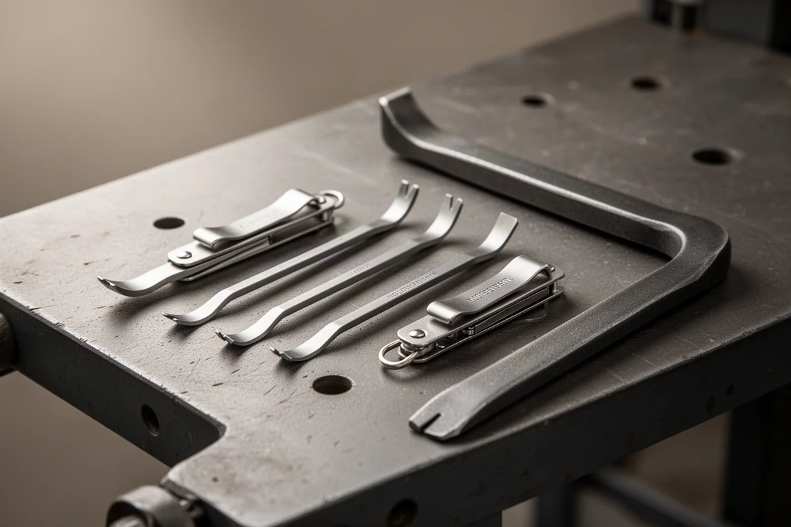 Pocket pry bars with slim bent shafts beside a thicker solid pry bar on a workbench